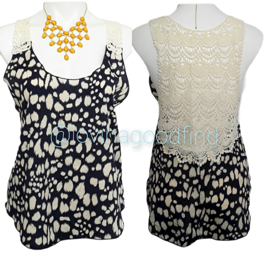 NORDSTROM Vintage Havana Navy Crocheted Back Tank Top EUC sz M